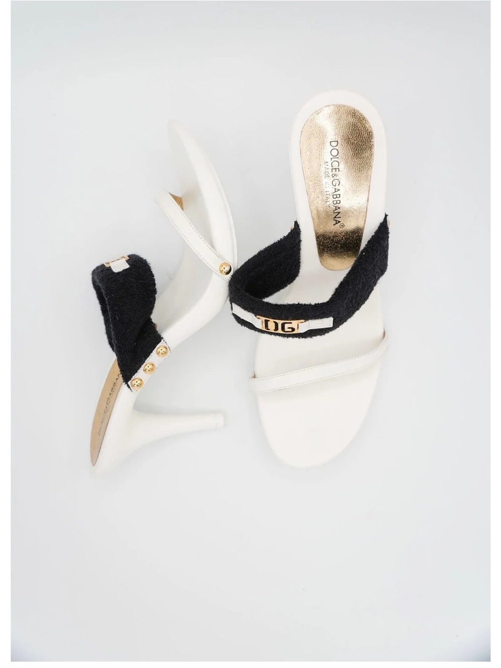 Dolce & Gabbana White Leather Sandals with Black Strap and Gold Logo 10